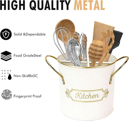 Kitchen Utensil Holder, 5.1" Metal Cooking Utensil Crock with with Removable Divider, Modern Farmhouse Kitchen Decor, Countertop Utensil Organizer for Spoons Cooking Tools