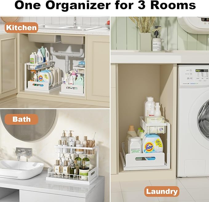 REALINN Under Sink Organizer, Pull Out Cabinet Organizer, 2 Tier Metal Slide Out Shelf with L Shaped Design, Under Cabinet Storage for Kitchen, Bathroom, Laundry, Deep Cabinet Shelf Storage, White - Image 6
