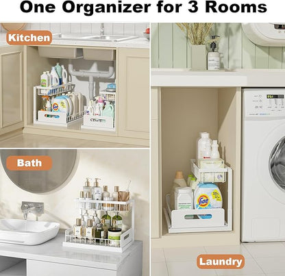 REALINN Under Sink Organizer, Pull Out Cabinet Organizer, 2 Tier Metal Slide Out Shelf with L Shaped Design, Under Cabinet Storage for Kitchen, Bathroom, Laundry, Deep Cabinet Shelf Storage, White - Image 6