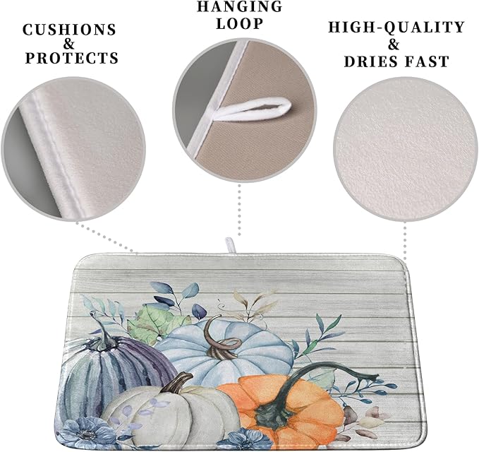 Fall Blue Orange Grey Pumpkin Kitchen Dish Drying Mat for Kitchen Counter 16x18 Inch Autumn Teal Flowers Drying Mat Thanksgiving Harvest Dish Drainer Mat Super Absorbent Dish Rack Pad for Coffee Bar - Image 3