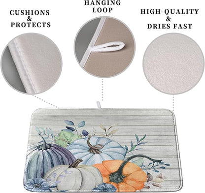 Fall Blue Orange Grey Pumpkin Kitchen Dish Drying Mat for Kitchen Counter 16x18 Inch Autumn Teal Flowers Drying Mat Thanksgiving Harvest Dish Drainer Mat Super Absorbent Dish Rack Pad for Coffee Bar - Image 3