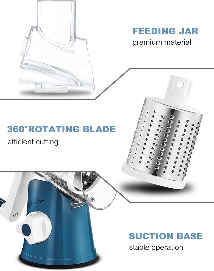 Cheese Grater Rotary, Rotary Grater for Kitchen, Kitchen Grater Vegetable Slicer with 3 Drum Blades, Fast Cutting Cheese Shredder for Vegetables and Nuts - Image 6