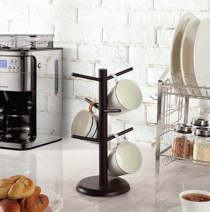 Dorhors Mug Tree,Coffee Cup Holder with 6 Hooks,Wood Mug Holder for Counter,Coffee Bar Accessories and Orgnizer Station (Brown)