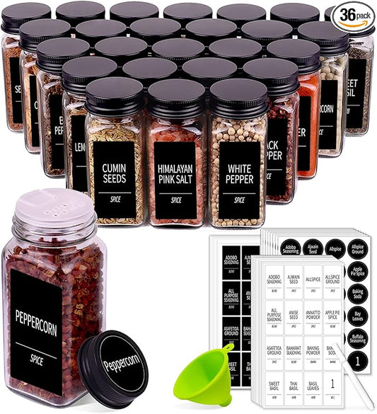 Churboro 36 Spice Jars with 547 Labels- Glass Spice Jars with Black Metal Caps, 4oz Empty Spice Containers with Shaker Lids, Funnel, Chalk Pen, Square Seasoning Bottles for Spice Rack, Drawer, Cabinet by Churboro