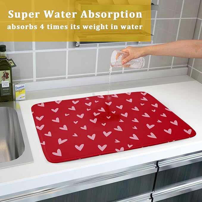 Valentines Dish Drying Mat for Kitchen Counter 18x24 Inch Valentine's Day Red Pink Love Heart Print Absorbent Reversible Microfiber Drying Mats Kitchen Countertop Protector Dishes Drainer Rack Pad - Image 7