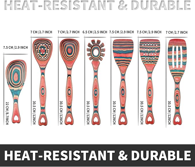 Gudamaye Pakkawood 7-Piece Wooden Cooking Utensils, Wooden Spoons for cooking, Wooden Utensil set, Pinkish-Orange Pakkawood Cooking Spoons, Non-Stick Spoon, Pakkawood kitchen utensils - Image 3