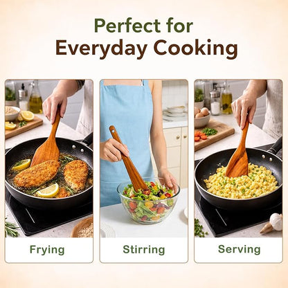 Wooden Kitchen Utensil Set, 4-Piece Teak Wood Cooking Utensils for Nonstick Cookware, Spatula, Slotted Turner and Scraper, Natural Wooden Tools for Everyday Cooking