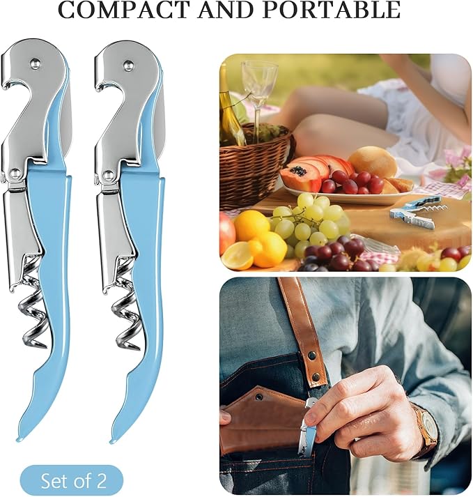HYZ 2-Pack Wine Opener Waiter Corkscrew, Professional Wine Key for Servers, Bartender with Foil Cutter, Manual Wine Bottle Opener Double Hinged (Sky Blue) - Image 7