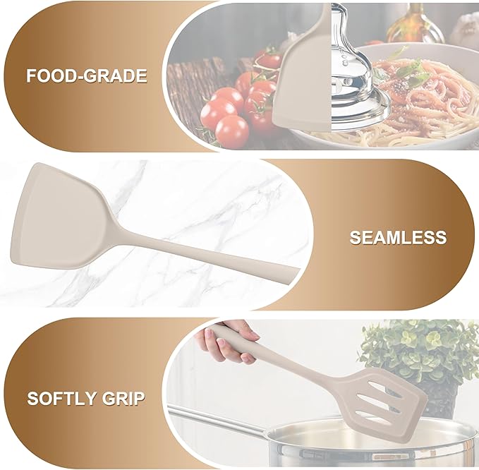 TeamFar Cooking Utensils Set of 4, Silicone Kitchen Utensils, Solid & Slotted Spoons Turners for Cooking/Serving/Frying, Healthy & Seamless Design, Heat-Resistant & Non-Scratch, Dishwasher Safe, Khaki - Image 4