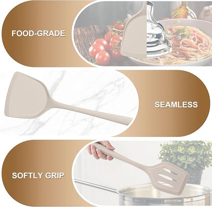 TeamFar Silicone Spatulas, Solid & Slotted Cooking Turner for Non-stick Cookware, 2pcs Kitchen Utensils for Flipping/Turning, Healthy & Seamless, Heat-Resistant & Non-Scratch, Dishwasher Safe, Khaki - Image 4