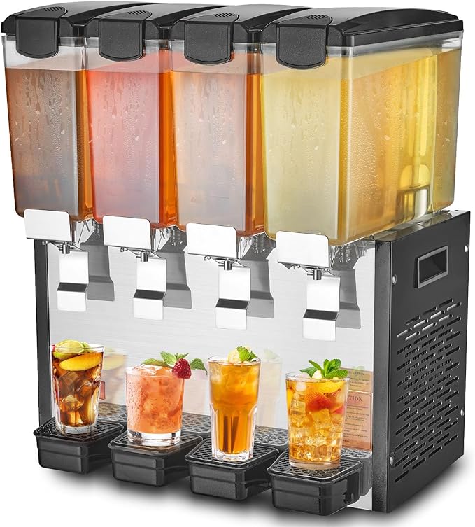 VEVOR Commercial Beverage Dispenser, 4 Tanks 10 L / 10.6 QT Per Tank Juice Dispenser, 430W Stainless Steel Ice Tea Drink Machine with 45°F-54°F Cooling Temperature, for Cold Drink Restaurant Bar Party by VEVOR