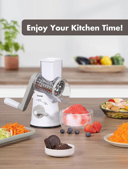 Geedel Rotary Cheese Grater Cheese Shredder - Upgraded 5-in-1 Cheese Grater with Handle and Strong Suction Base, Multi-purpose Vegetable Slicer Ice Shaver Nuts Grinder for Ice, Vegetables, Fruit, Nuts - Image 8