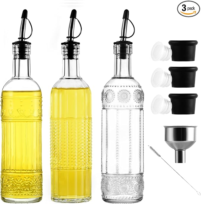 3-Pack Glass Oil Dispensers 500ML/17OZ, Oil and Vinegar Bottles Set with Stainless Steel Pourers, Brush, Funnel, Seal Caps (Round)