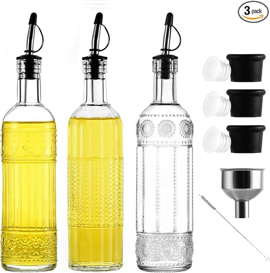 3-Pack Glass Oil Dispensers 500ML/17OZ, Oil and Vinegar Bottles Set with Stainless Steel Pourers, Brush, Funnel, Seal Caps (Round)