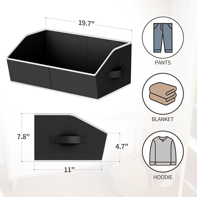 Homsorout Storage Bins for Shelves - Large Trapezoid Closet Shelf Organizer, Fabric Organization Bins with Handles, Storage Baskets for Clothes, Towel, Blanket, 6 Pack, Black - Image 5