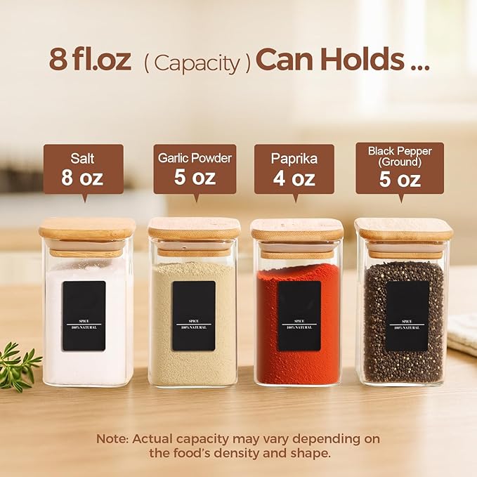 ComSaf 6Pcs 8oz Spice Jars with Label Trial Set, Glass Spice Jars with Bamboo Lids Supplementary Set, Seasoning Container Trial Pack, Perfect for Ktichen Starter - Image 2