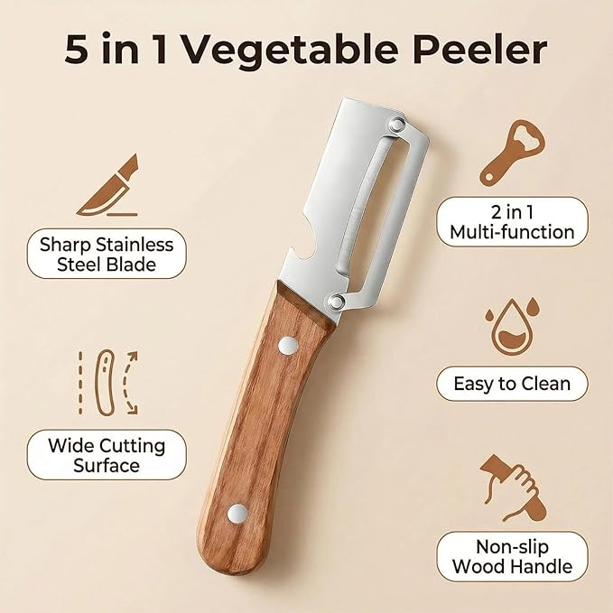 NEW Premium Vegetable Peeler with Wooden Handle and Bottle Opener: 2-in-1 Stainless Steel Kitchen Tool for Fruit Apple Potato Pumpkin Papaya (2Pcs) - Image 6