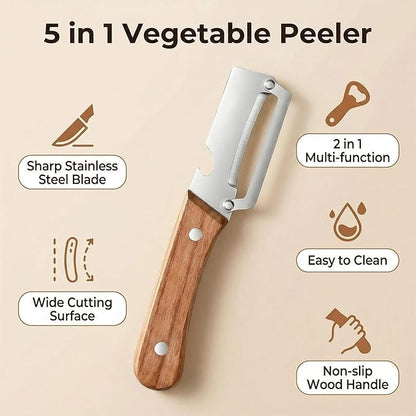 2-in-1 stainless steel vegetable peeler with wooden handle and bottle opener, stainless steel blade, non-slip kitchen fruit peeler（2pcs） - Image 5