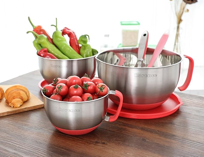 Rorence Mixing Bowls with Lids Set: Stainless Steel Mixing Bowls with Handles, Non-Slip Bottom & Pour Spout - Red, 3 quarts - Image 6