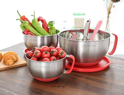 Rorence Mixing Bowls with Lids Set: Stainless Steel Mixing Bowls with Handles, Non-Slip Bottom & Pour Spout - Red, 3 quarts - Image 6