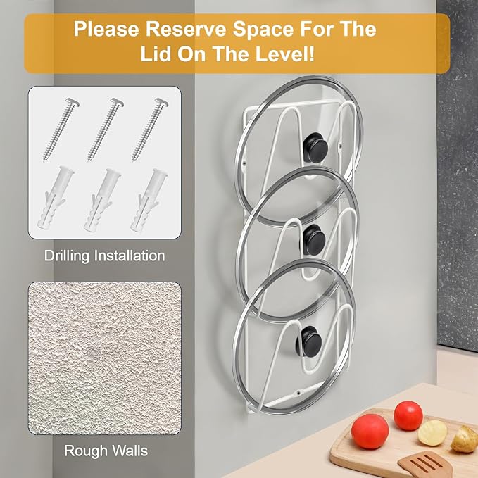 2 Pack Pot-Lid-Organizer, 6-Tier Pots and Pans Lid-Organizer for Cabinet Door/Wall, No Drilling Adhesive Wall/Door Mounted Rustproof Pot-Lid-Holder for Kitchen Organization - White - Image 5