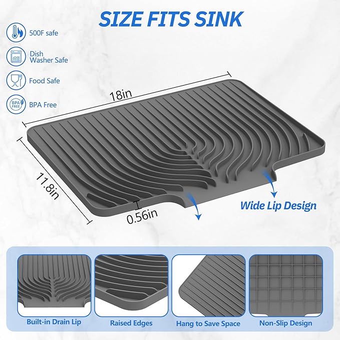 Dish Drying Mat for Kitchen Counter, with Built-in Drain Wide Lip, Food-Grade Silicone, Easy Clean Pad for Countertop Protection, Multi-Functional Use (18×12 Wide Lip, Grey) - Image 2