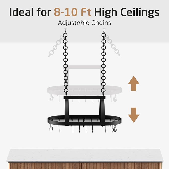KES Ceiling Pot Rack 34-Inch Hanging Pot Rack for Kitchen Oval Pot and Pan Rack Matte Black Pot Hanger with 20 S Hooks (For 16" and 24" Joist), KUR221S85-BK - Image 7