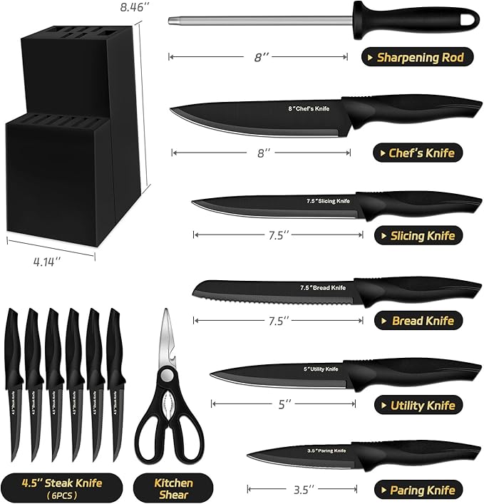 XANAPON Knife Set, 14 Pieces Kitchen Knife Set, High Carbon German Stainless Steel, Dishwasher Safe Cutlery with Sharpener, Black - Image 2
