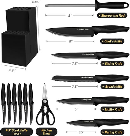 XANAPON Knife Set, 14 Pieces Kitchen Knife Set, High Carbon German Stainless Steel, Dishwasher Safe Cutlery with Sharpener, Black - Image 2