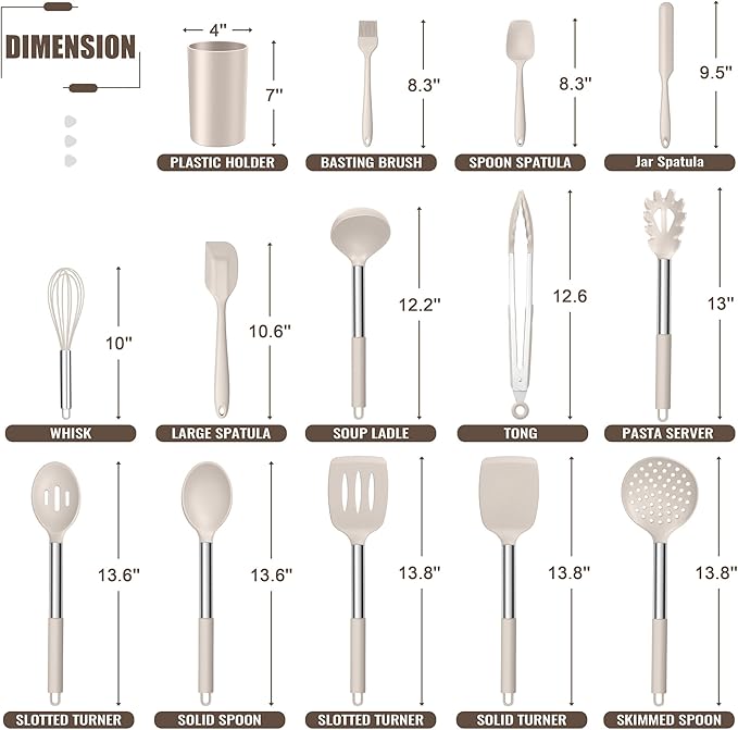E-far 14 Pieces Silicone Cooking Utensils Set, Kitchen Utensils Set with Holder, Spatula, Ladle, Spoon, Tong, Slotted Turner for Nonstick Cookware, Heat Resistant & Stainless Steel Handle, Khaki - Image 2