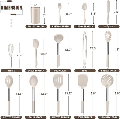 E-far 14 Pieces Silicone Cooking Utensils Set, Kitchen Utensils Set with Holder, Spatula, Ladle, Spoon, Tong, Slotted Turner for Nonstick Cookware, Heat Resistant & Stainless Steel Handle, Khaki - Image 2
