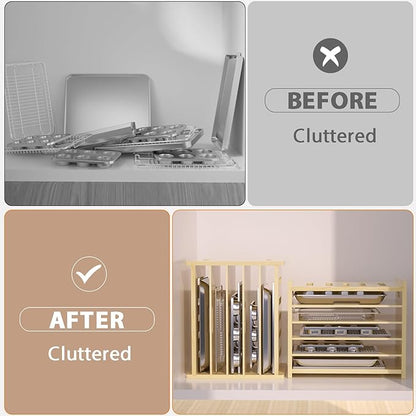 6 Tier Wooden Tray Dividers for Cabinets, Baking Cookie Sheet Organizer, Vertical/Horizontal Cabinet Dividers for Pots, Cutting Board, Pans, Kitchen Organizers and Storage