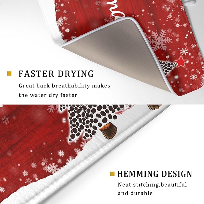 Merry Christmas Tree Red Dish Drying Mat for Kitchen Counter,Winter Snowflake Pine Drying Mat 18 x 24 Inch with Absorbent Reversible Microfiber Dish Drying Pad for Coffee Bar - Image 3
