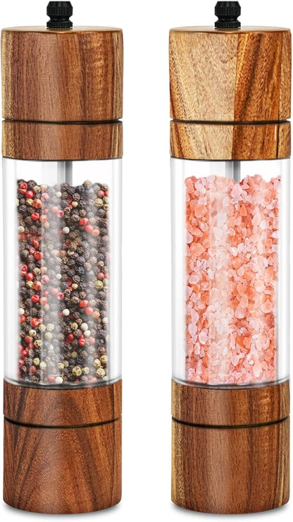 XWXO Acacia Wood Salt Grinder and Pepper Grinder Set Premium Acrylic Salt and Pepper Mill Set, Manual Salt and Pepper Mills- Wooden Shakers with Adjustable Ceramic Core 8 Inches 2 Pack by XWXO