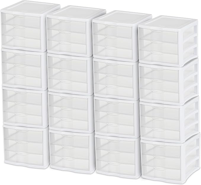 Sterilite ClearView Compact Stacking 3 Drawer Storage Organizer System for Crafting Supplies, Home Office, or Dorm Room, (16 Pack) by Sterilite