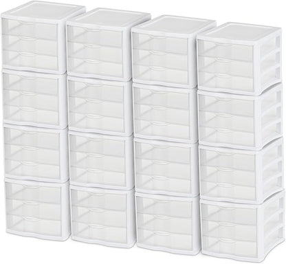 Sterilite ClearView Compact Stacking 3 Drawer Storage Organizer System for Crafting Supplies, Home Office, or Dorm Room, (16 Pack) by Sterilite