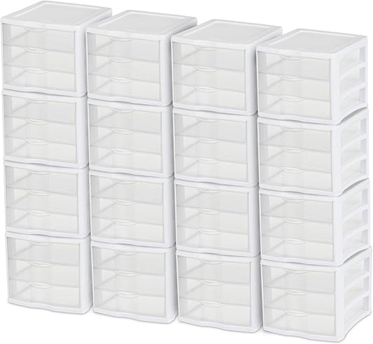 Sterilite ClearView Compact Stacking 3 Drawer Storage Organizer System for Crafting Supplies, Home Office, or Dorm Room, (16 Pack) by Sterilite