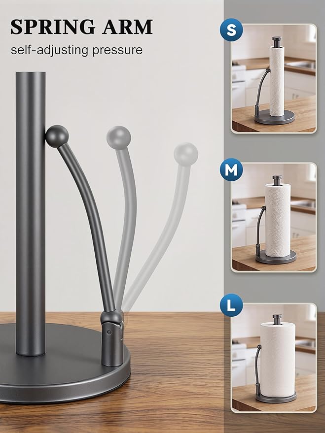 SMARTAKE Paper Towel Holder, Paper Towel Dispenser Standing Weighted Base Non Slip, Spring Arm for Easy Tear, Stainless Steel Paper Towel Holder for Home Kitchen Countertop Tabletop, Metallic Gray - Image 2