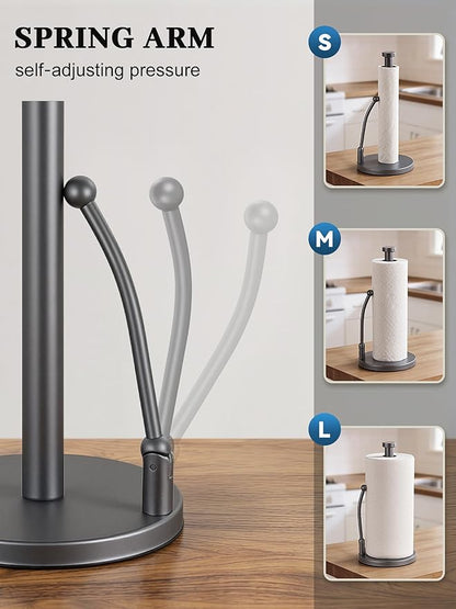 SMARTAKE Paper Towel Holder, Paper Towel Dispenser Standing Weighted Base Non Slip, Spring Arm for Easy Tear, Stainless Steel Paper Towel Holder for Home Kitchen Countertop Tabletop, Metallic Gray - Image 2