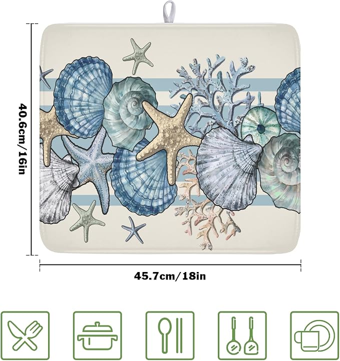 Nautical Coastal Dish Drying Mat for Kitchen Counter Summer Beach Seashell Starfish Microfiber Dish Drainer Mat Ocean Blue Pattern Absorbent Washable Drying Pad Extra Large 16"x18"