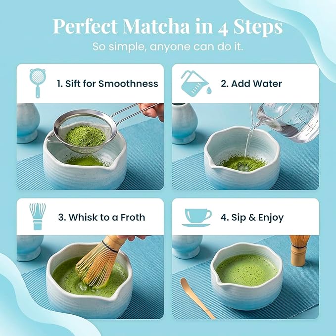 BARISTA EMPEROR® PREMIUM 8pcs MATCHA WHISK SET - Professional Matcha Kit Set with Matcha Bowl, Matcha Whisk, Matcha Glass, Glass Straw, Storage Container, Sifter, Scoop - Aesthetic Matcha Set Kit