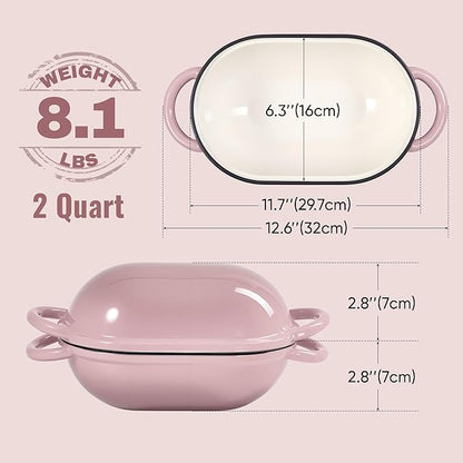 2 QT Oval Dutch Oven for Bread Baking, Enamelled Cast Iron Bread Oven for Sourdough, Sourdough Loaf Pan with Lid, Heavy-Duty Non Stick Bread Pan for Homemade Bread Baking, Pink