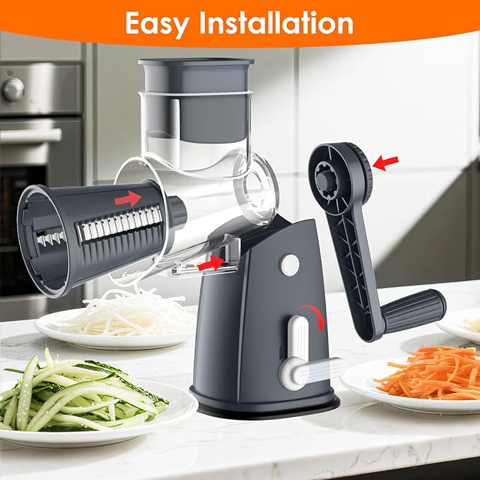 MealHelper 5 Blade Rotary Cheese Grater Hand Crank with Storage Box, Vegetable Chopper, Cheese Shredder for Cheeses, Veggies, Nuts - Easy to Use, Non-slip Suction Base, Gray - Image 8