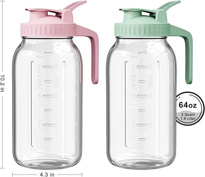 2 Pack - 64oz Glass Breast Milk Pitcher with Lid & Spout, Leakproof Mason Jar Breastmilk Pitcher - Wide Mouth, Airtight 2 Quart Water Jug for Milk Storage, Breastmilk, Sun Tea, Iced Coffee, Juice - Image 2