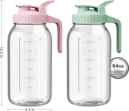 2 Pack - 64oz Glass Breast Milk Pitcher with Lid & Spout, Leakproof Mason Jar Breastmilk Pitcher - Wide Mouth, Airtight 2 Quart Water Jug for Milk Storage, Breastmilk, Sun Tea, Iced Coffee, Juice - Image 2