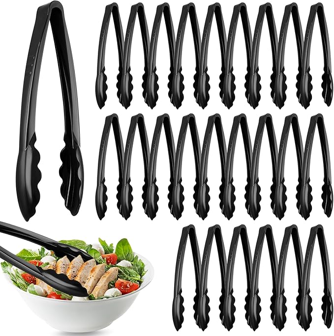 Tessco for you 25 Pcs Plastic Tongs for Serving Bulk, 9 Inch Plastic Disposable Serving Tongs, Heavy Duty Salad Tong for Kitchen, Buffet, BBQ, Events & Catering (Black) by Tessco