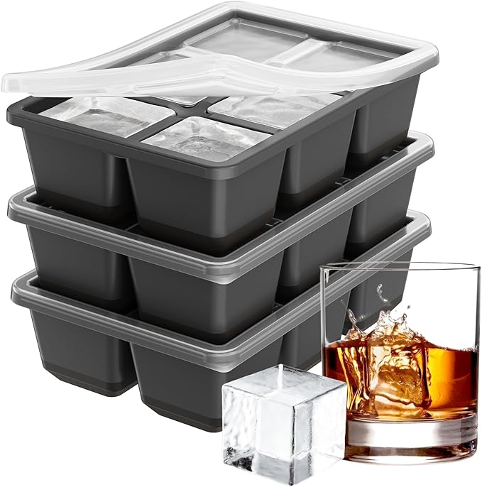 Optish Large Ice Cube Molds, 3 Pack Whiskey Square Ice Molds, 1.8 Inch Big Ice Cube Tray, Stackable Cocktail Ice Tray with Lid, Easy to Release (Grey) by Optish