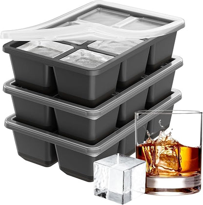 Optish Large Ice Cube Molds, 3 Pack Whiskey Square Ice Molds, 1.8 Inch Big Ice Cube Tray, Stackable Cocktail Ice Tray with Lid, Easy to Release (Grey) by Optish