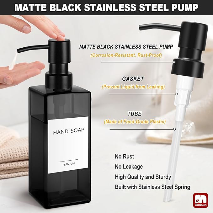 GMISUN Black Glass Soap Dispenser, Hand Soap Dispenser with Stainless Steel Pump for Bathroom, 12 fl oz/350ml Refillable Dish Dispensers for Kitchen, Modern Liquid Lotion Bottles for Countertop - Image 3