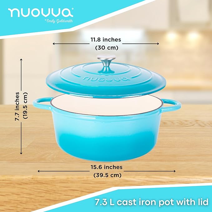 Cast Iron Dutch Oven with Lid – Non-Stick Ovenproof Enamelled Casserole Pot – Sturdy Dutch Oven Cookware – Blue, 7.3-Quart, 30cm – by Nuovva - Image 2